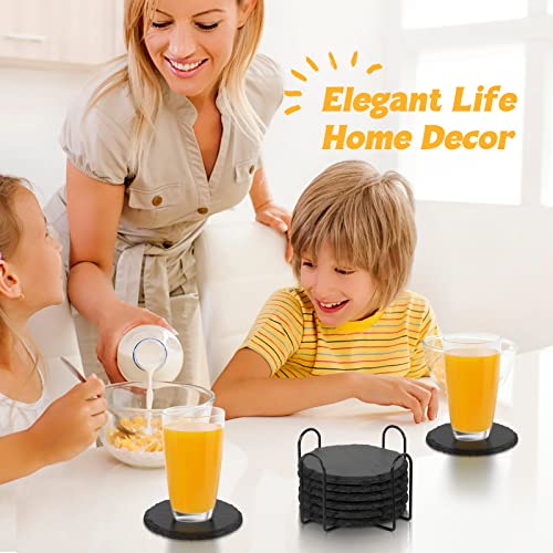 Glcon SLATE COASTERS SET OF 6 Black Slate Coasters For Drinks - Set Of 6 - Anti-Scratch Drink Coasters With Holder - Natural Stone Coasters Bulk, Unique Diy Crafts - Cup Coaster Set For Home Decor, Bar thumb #1