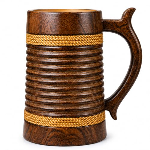 Image of Handmade Wooden Beer Mug, Wood with Sheesham Finish, Barrel Style, Lightweight & Durable, for Craft Beer, Home Bar, Cafe, Party, Gift(350ml) (Rings)
