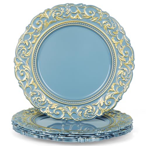YXZHUOYU Antique Charger Plates, Set of 6 Plastic Embossed, Blue Charger Plate, 13 Inch, Elegant Charger Plates, Plate Set, Decorative Chargers for Dinner Plates