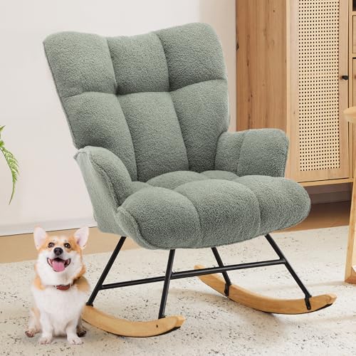 Image of Zedachica Rocking Chair Nersury Teddy Glider Rocking Chair Indoor, Upholstered Rocking Accent Chair, Comfy Nursing Rocker with High Backrest for Living Room Bedroom, (Green Teddy