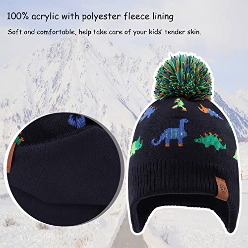Zsedrut Dinosaur Winter Baby Beanie Hat Glove Set Fleece Lined Kids Boys Hat Knit Pompom Bonnet for Toddler Boys2