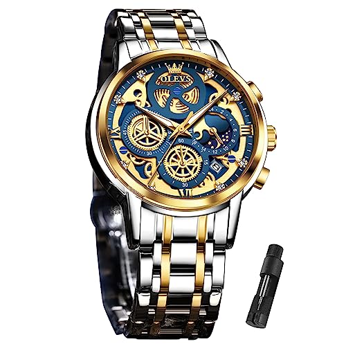 Image of OLEVS Skeleton Watch for Men Stainless Steel Chronograph Watch for Men Classic Waterproof Mens Watches with Date Luxury Business Men's Analog Wrist Watches, relojes para Hombres Blue /Black /Gold /White