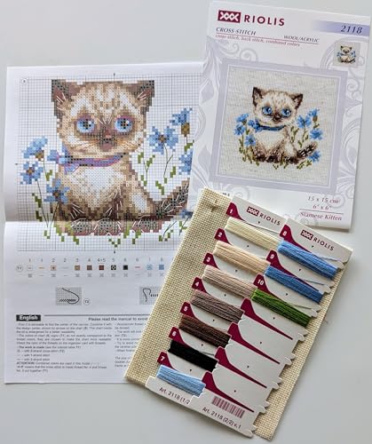 Image of RIOLIS - Siamese Kitten 2118, Cross Stitch Kits 6 inch x 6 inch, Cross Stitch Kits for Beginners & Advanced, Crossstitching Kit Adult, Embroidery Counted Stitching Kit