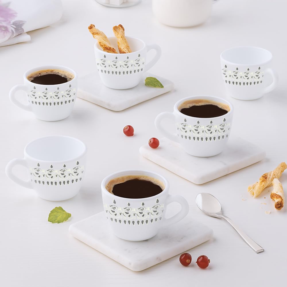 Larah By Borosil Ora Gold Opalware Cup Set of 6 pcs | Tea/Coffee Cups 90 ml | Microwave & Dishwasher Safe | Bone-Ash Free | Crockery Set Ideal for Daily Use & Gifting, White (B0C89FH5F2) Amazon Price History, Amazon Price Tracker