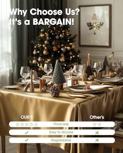 Image of Pureegg Plastic Table Cloth Disposable 6 Pack, 54 x 108 Inch, Gold | Graduation Party, Christmas Decor, Thanksgiving, Waterproof, Gold, Tablecloth