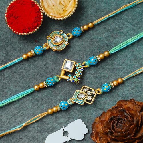 Image of eCraftIndia Set of 3 Kundan Beads Designer Rakhis | Best Bro Ever Fridge Magnet | Roli Chawal Pack | Rakhi for Brother Bhaiya Bhai Bhabhi Kids