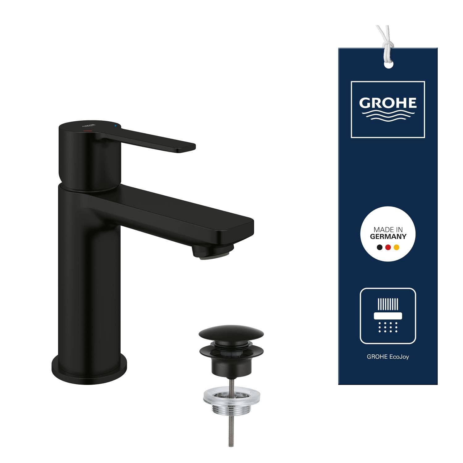 GROHE Lineare – Grifo Monomando de Lavabo de Cuerpo Liso con Vaciado Push-Open (Sobre Repisa, Tamaño XS 155 mm, Cartucho Cerámico 28 mm, Ahorro de Agua, Flexibles 3/8"), Negro Mate, 237912431