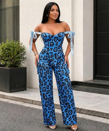 knowfashionstyle Sexy 2 Piece Sets For Women Going Out Sleeveless Croset Top And Wide Leg Pants Set Party Birthday Outfits BlueLeopard L — view 2