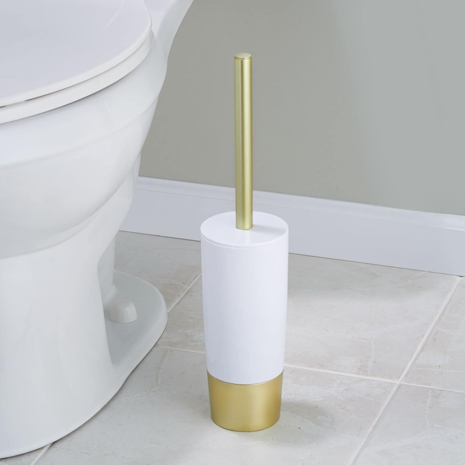 Top Brands mDesign Decorative Compact Freestanding Plastic Toilet Bowl Brush and Holder for Bathroom Storage and Organization - Metal Handle/Base - Space Saving, Sturdy, Deep Cleaning - White/Gold Brass Exclusive Special mDesign Decorative Compact Freestanding Plastic Toilet Bowl Brush and Holder for Bathroom Storage and Organization - Metal Handle/Base - Space Saving, Sturdy, Deep Cleaning - White/Gold Brass