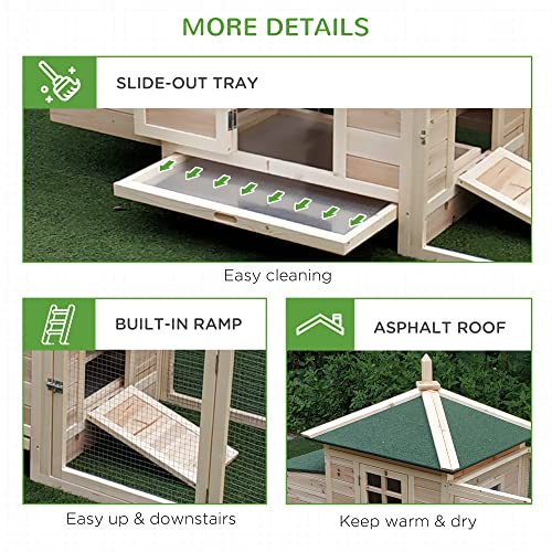 Image of PawHut 77 inch Wooden Chicken Coop with Nesting Box, Cute Outdoor Hen House with Removable Tray, Ramp Run, for Garden Backyard, Natural
