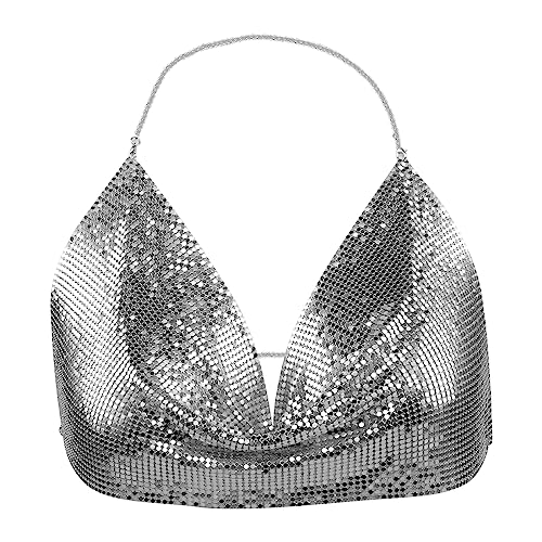 Pailletten-Top mit Neckholder, Paillett Neckholder Weste, Damen Halter...