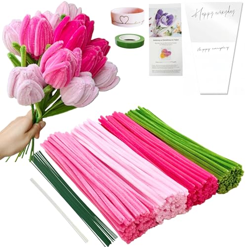 YYUENG TAK 200 pcs Pink Pipe Cleaner Flowers Craft kit for DIY Tu...