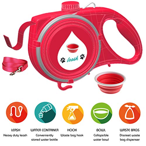 iProPower - Correa para Perro multifunción 5 en 1 con Cuenco Plegable, contenedor de depósito de Agua, dispensador de Bolsas de residuos y Gancho Resistente Correa para Mascotas