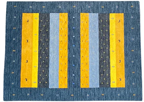 Grau Gabbeh Teppich 100% Wolle 170x240 cm Gold Blau Handgewebt Orientteppich 102