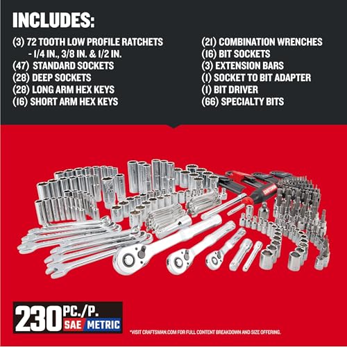 Craftsman Socket Set with Case VERSASTACK 230 Pcs Mechanics Tool Set, 1/4 in, 3/8 in, and 1/2 Drive, Standard and Deep Socket Set, Short and Long Arm Hex Keys (CMMT45306)