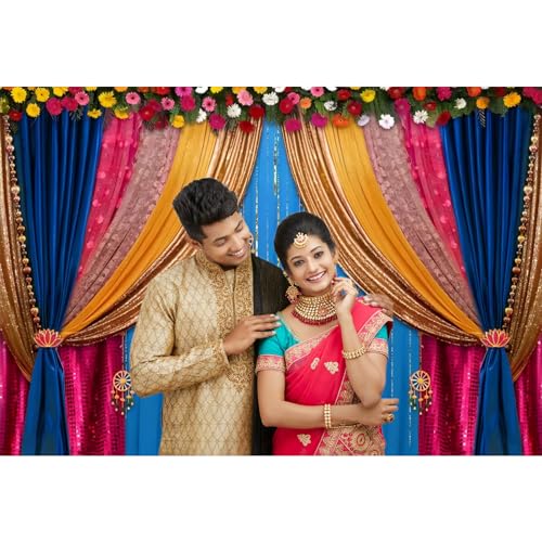 Image of 5x3ft India Style Backdrop Photography Curtain Flower Garland Photography Background India Hindu Wedding Traditional Banner Diwali Pooja Decorations for Bride Couple Portrait Props
