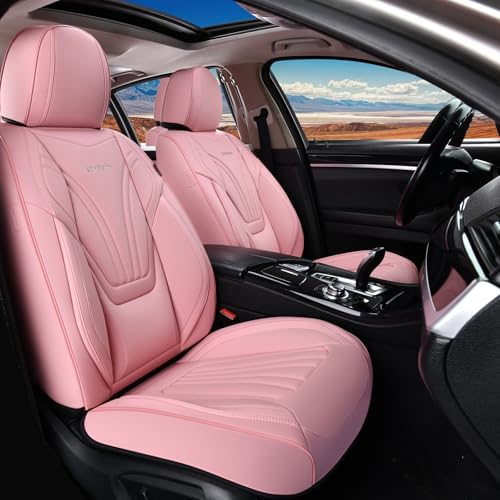 Image of Coverado Car Seat Covers Front Seats, 2 Piece Car Seat Protector with Lumbar Support & Removable Headrest, Breathable Leather Seat Cushion Universal Fit for Truck Automotive Vehicles Pink