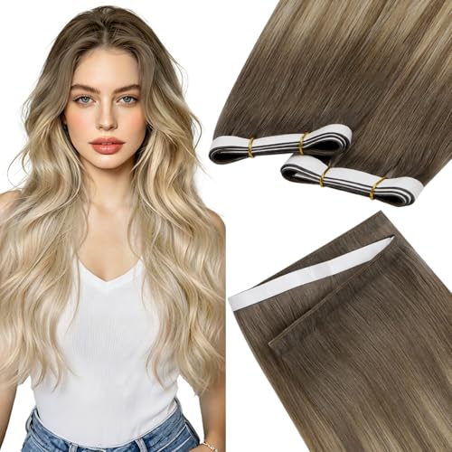 Image of LaaVoo Tape Weft Hair Extensions Balayage Blonde Tape in Weft Human Hair Extensions Light Brown to Blonde with Platinum Blonde Genius Tape in Extensions Seamless 22inch 50G
