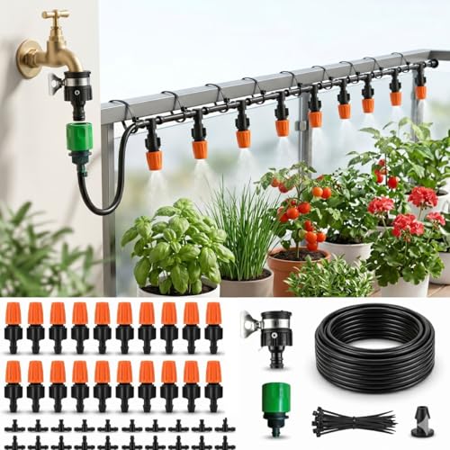 Image of JERN DIY 20 Nozzle Drip Irrigation Kit for Plants, Automatic Plant Watering System with Misting Cooling Nozzles, DIY Garden Irrigation Set for Balcony, Terrace, Lawn, Patio, Greenhouse & Outdoor Use