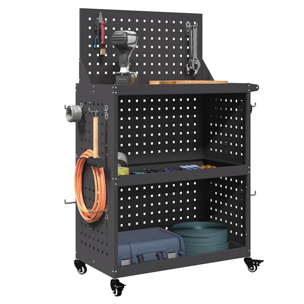 Carrello portautensili nero in acciaio laminato a freddo, 65 x 35 x 111 cm, con 12 ganci e 3 ripiani, carrello mobile per officina e garage, efficiente sistema di conservazione e