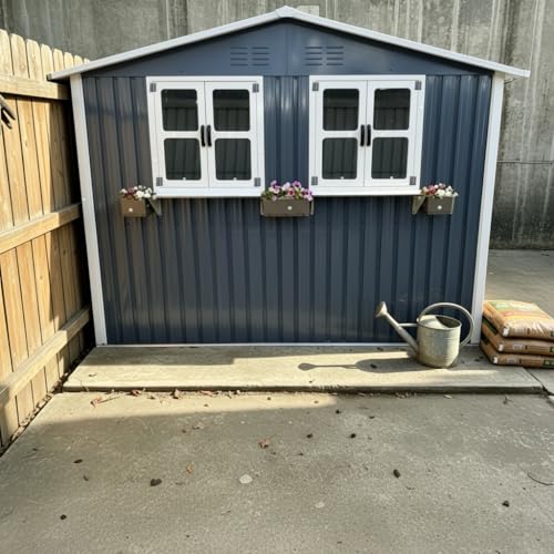 Caseta de jardín de acero galvanizado de 170,2 x 254,2 cm (4,33 m²), color gris antracita, con 2 ventanas dobles, puertas con cerradura y estantería para flores