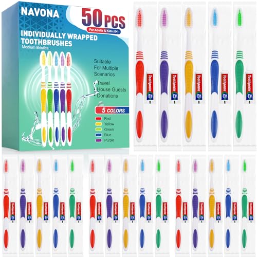 Navona 50 PCS Disposable Toothbrush with Toothpaste Bulk Travel Toothpaste Bulk Toothpastes Individually Wrapped Bulk Toothbrush Ergonomics Handle Medium Soft Bristle Perfect for Travel Hotel