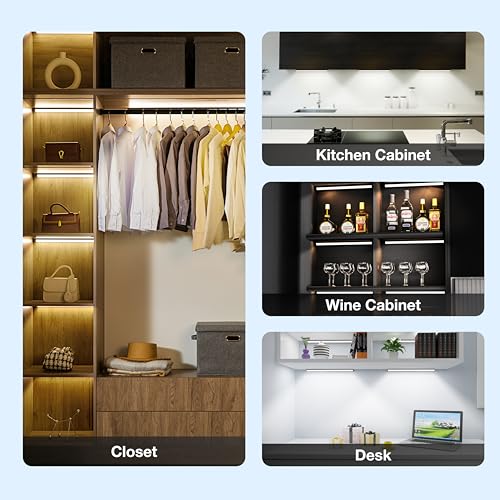 Image of Under Cabinet Lights Remote Control,4 Pack Magnetic Rechargeable Light bar,Under Cabinet Lighting Wireless,Ceiling and Under Counter Lights for Kitchen,Wardrobe,Shelf (Black, 60 CM)