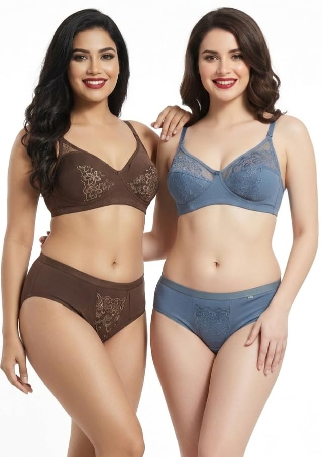 Image of Combo Pack of 2, Premium Women's Cotton Rich Non-Padded Wire-Free Lingerie Sets | Full Coverage Bra & Low Rise Panty with Lace Work | Bra Panty Sets