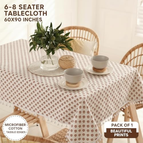 Image of Amazon Brand - Umi Premium Microfiber Cotton Table Cloth for 6-Seater Dining Table, 60 x 90 Inch Rectangular Printed Dining Table Cover with Tassels, Washable, Reusable,Pack of 1