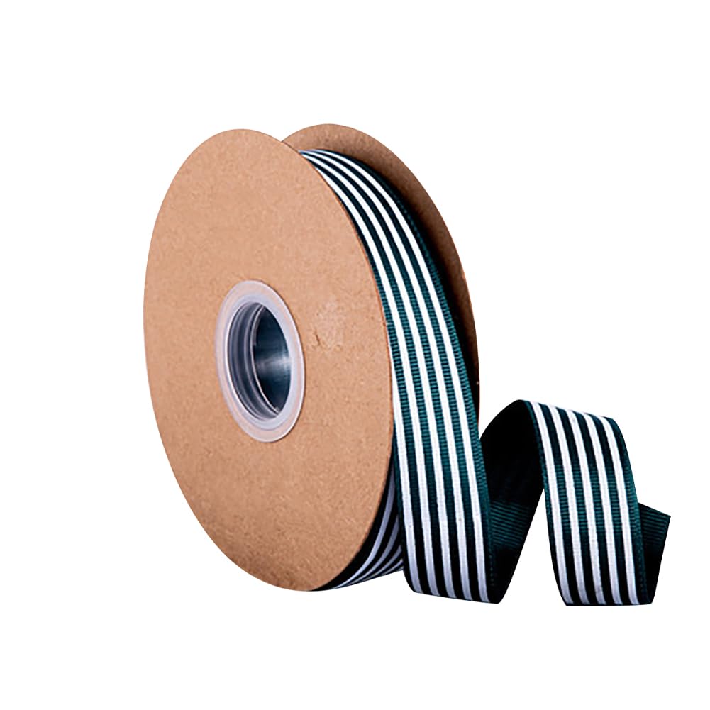 Hugede Green White 50 Yards 2.5Cm Thin Striped Grosgrain Ribbon - Decorative Craft Fabric For Flower Bouquets - Wired Edge For Christmas