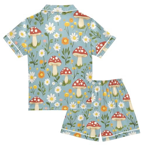 Mushroom Daisy Print Pajamas Set Summer Button Down Sleepwear Pjs Sets Comfy Loungewear2