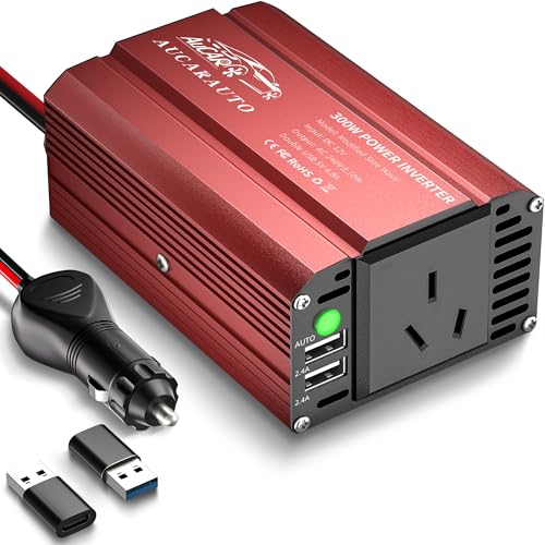 300W Power Inverter DC 12V to 230V 240V AC Car Inverter Converter with Standard Australian Plug Socket and 4.8A Dual USB & USB-C Car Plug Adapter for Car Devices - Red