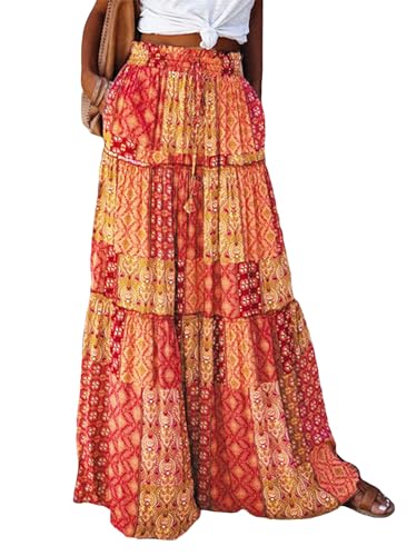 Women's Bohemian Skirts Vintage Elastic High Waist A-Line Skirts Tiered Long Skirts with Pockets Beachwear Skirt