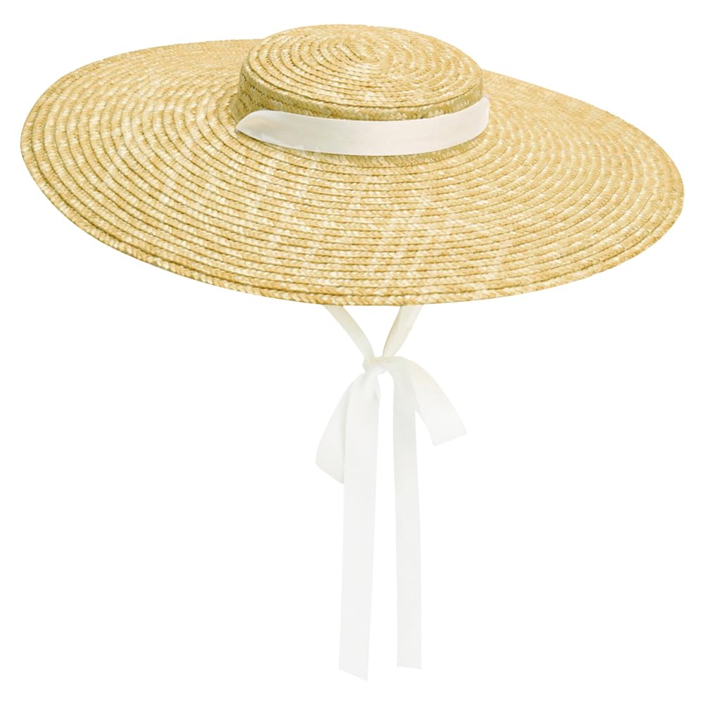 Sombreros de Paja de ala Ancha y Copa Plana para Mujer, Gorras de Playa de Verano con Visera y Cinta Larga, Sombrero canotier con Cordones