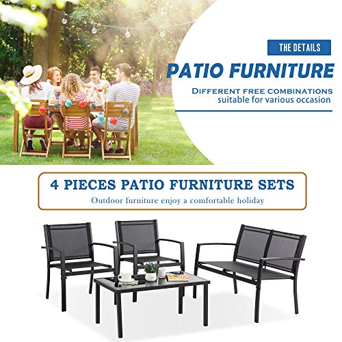 Image of Vongrasig 4 Pieces Patio Furniture Sets, Outdoor Patio Conversation Sets with Glass Coffee Table for Garden, Backyard, Lawn, Poolside (Dark Grey)