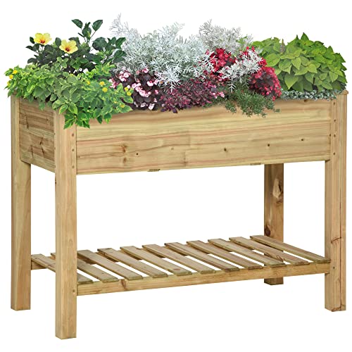 Outsunny Jardinière surélevée avec Étagère de Rangement en Bois, Carré Potager sur Pied surélevé, Trous de Drainage, pour Plantes, Fleurs, Légumes,...