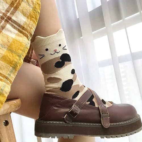 Image of Cat Themed Mid Calf Socks - 5 Pairs Cotton Animal Socks for Women & Girls