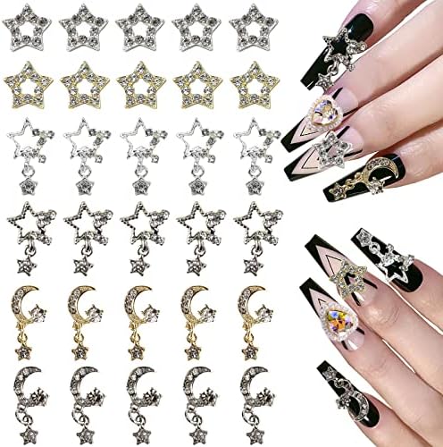 LIFOOST 30Pcs Stars Moon Nail Rhinestones, 3D Star Nail Art Charm Shiny Moon Alloy Diamond Crystal Luxury Nail Ornament Gems for DIY Nail Art Decoration Supplies