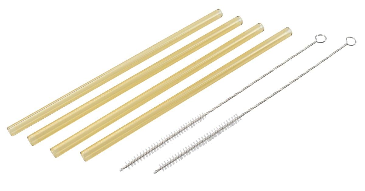 FACKELMANN 17050 Glass Drinking Straws + 2 Brushes, Glass, Yellow