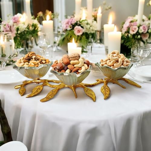 Image of Flower Shape Decorative Serving Bowls on Leaves Stand, 3 Bowls | Dry Fruits Serving Bowls | Tableware | Centerpiece | Gifting (Color- Gold & German Silver)