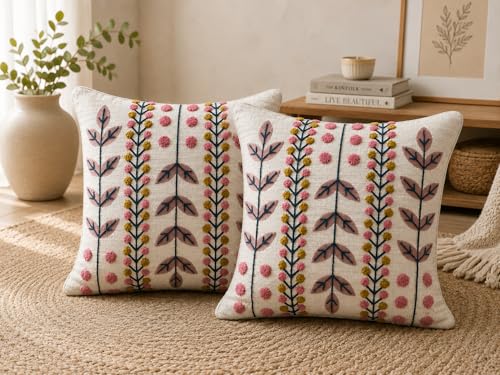 Image of Prista Set of 2 Floral Embroidered Cushion Covers 16x16 Inch | Premium Slub Cotton Decorative Pillow Covers with Tufted Embroidery | Boho Sofa Cushion Covers for Living Room (Blush Floral)