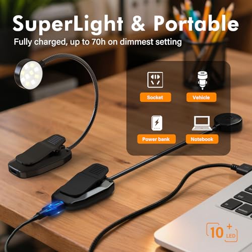 Image of KTEBO 2 Pack Rechargeable Book Light Clip-On Reading Light for Books in Bed | 9 eye-friendly modes from 3 color temperatures and 3 brightness, USB-C up to 30 hrs - Black & Black