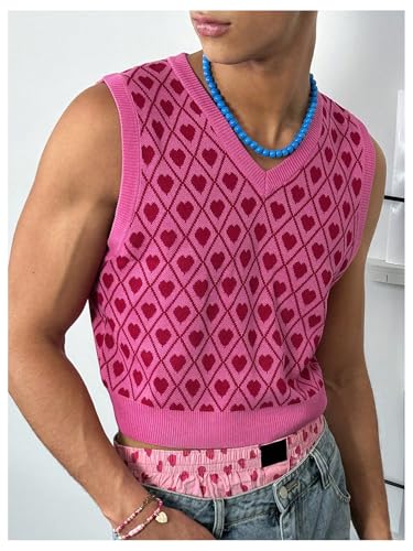 Men's Heart Graphic Printed Sleeveless V Neck Sweater Vests Cropped Knit Tank Tops4