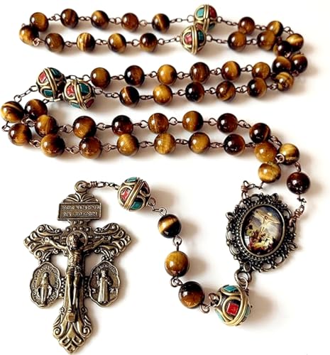 elegantmedical HANDMADE Vintage Catholic Tiger Eye & Nepal Beads Bronze