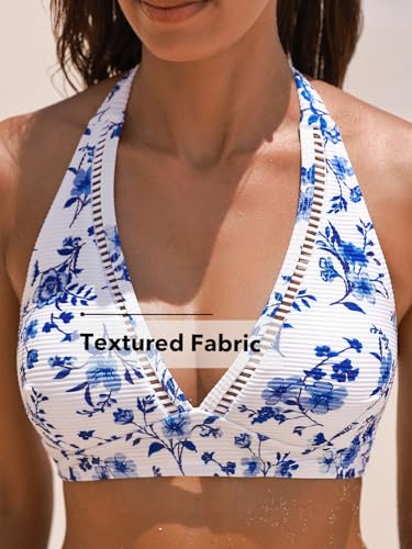 CUPSHE Women's Bikini Sets Two Piece Swimsuit High Waisted Halter Back Self Tie V Neck Textured Hollow Out3