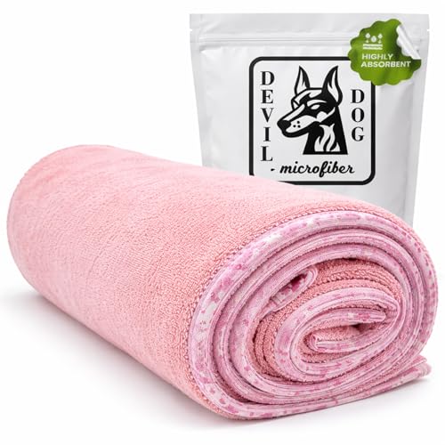 Image of Dog Drying Towel for Dogs - Extra Large 24 inch x 35 inch Microfiber Dog Bath Towel, 1200 GSM Twisted Loop, Ultra Absorbent, Edgeless, Quick Dry for Bath, Beach & Travel, Pink
