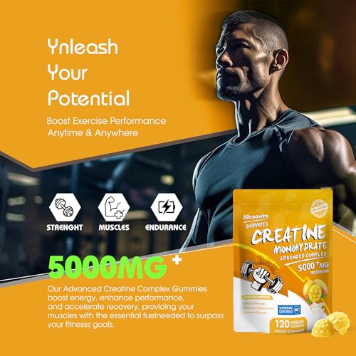 Image of Allcoovita Creatine Monohydrate Gummies 5g for Men & Women. Boost Focus,Strength, and Endurance, Anti-Melting Formula, Vegan, Gluten-Free, Non-GMO,(Mango 120 ct)