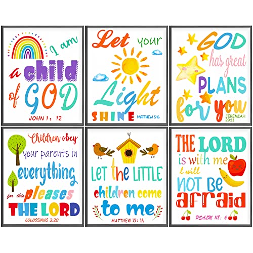 Image of Set of 6 Sunday School Decorations for Classroom Colorful Rainbow Bible Scripture Wall Decor Kids Inspirational Canvas Posters 8''x10'' Unframed Christian Wall Art Pictures for School Nursery Playroom