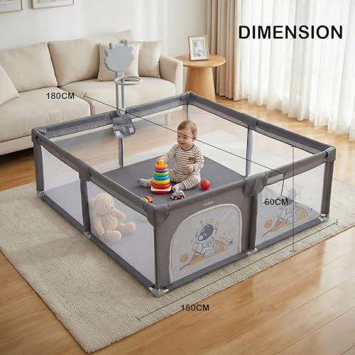 Image of Baybee 180 x 150 CM Kids Playpen for Babies with Basket Ball Hoop | Baby Play Area Indoor Setup with Colourful Balls, Zipper Door & Toys Pouch | Kids Activity Play Gate Fence with Corner Protection | Outdoor play pen for baby for 0 - 5 years Boys Girls (Grey)