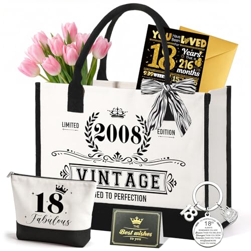 ePicsoa 18. Geburtstag Geschenk Mädchen Vintage 2008 Canvas Einkaufstasche Tragetasche & Kosmetiktasche Set Enthält Eine Große Grußkarte Eine Kleine Grußkarte Einen Schlüsselanhänger